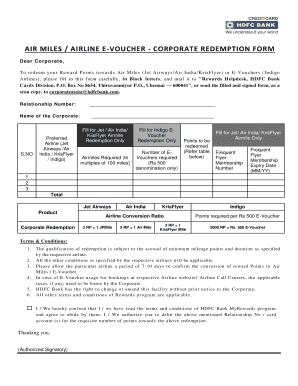HDFC Bank Corporate Air Miles Voucher Redemption Form