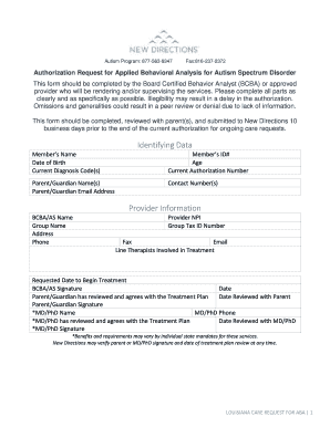 Authorization Request for Applied Behavioral Analysis for Autism Spectrum Disorder
