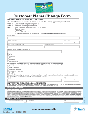 Tatts Card Name Change Form