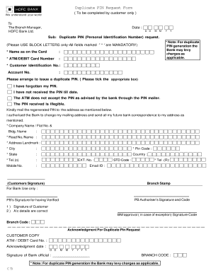 HDFC Bank Duplicate PIN Request Form