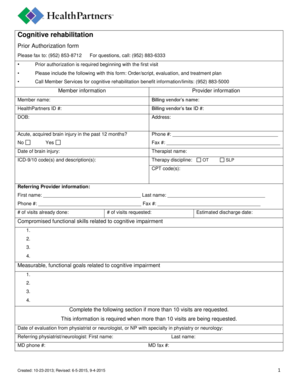 Cognitive Rehabilitation Prior Authorization Form