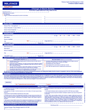 Reliance Mutual Fund Bank Details Change Form