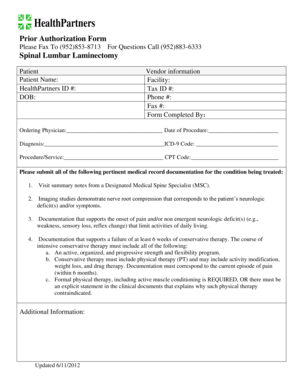 HealthPartners Spinal Lumbar Laminectomy Prior Authorization Form