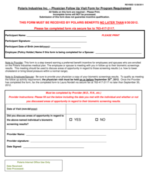 Polaris Industries Physician Follow Up Visit Form