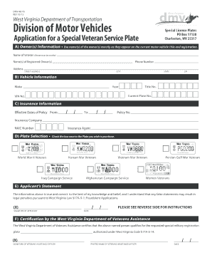 West Virginia Veteran Service Plate Application