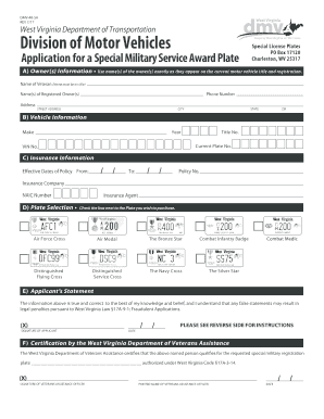 West Virginia Special Military Service Award Plate Application