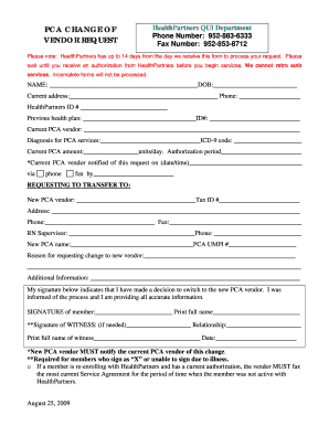 HealthPartners PCA Vendor Request Form