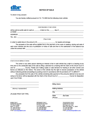Florida Notice of Sale for Motor Vehicle
