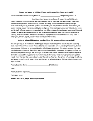 Release and Waiver of Liability for Soccer Camp