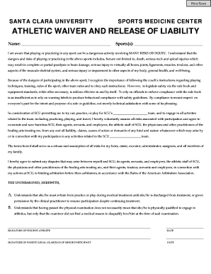 Santa Clara University Sports Medicine Center Athletic Waiver