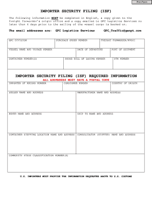 Importer Security Filing (ISF) Form