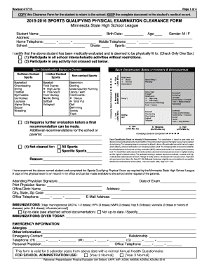Minnesota Sports Qualifying Physical Exam Clearance Form