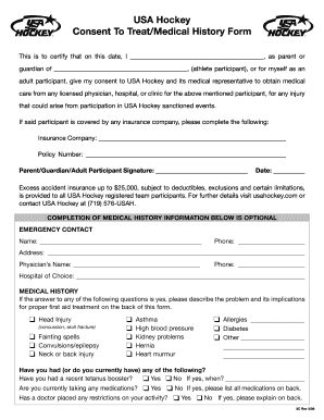 USA Hockey Consent to Treat Medical History Form