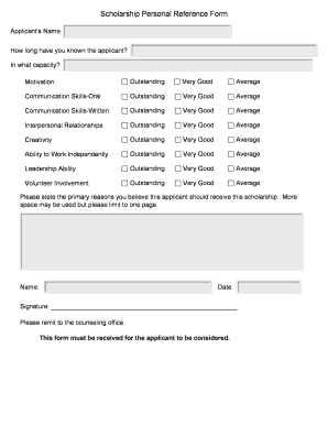 Scholarship Personal Reference Form