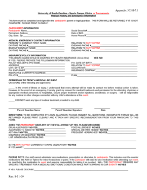 University of South Carolina Sports Camp Medical Form