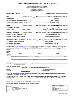 New Hampshire Vital Record Application