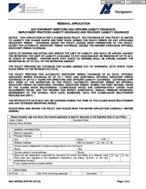 Non-Profit Directors and Officers Liability Insurance Renewal Application