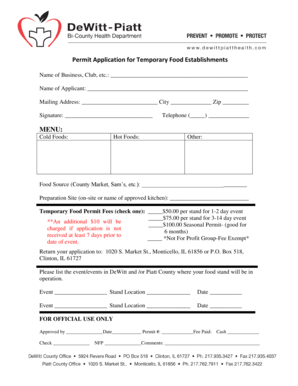 Permit Application for Temporary Food Establishments MENU
