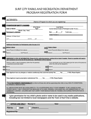 Surf City Parks and Recreation Program Registration Form