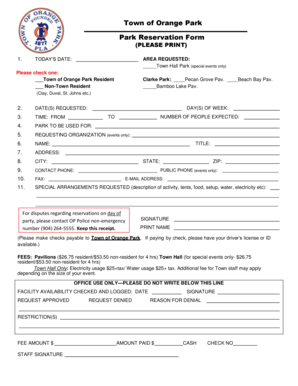 Town of Orange Park Park Reservation Form
