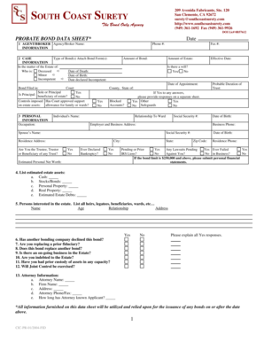 Probate Bond Data Sheet