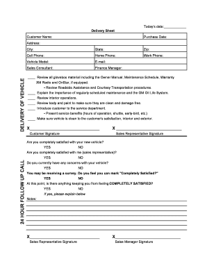 New Vehicle Delivery Sheet