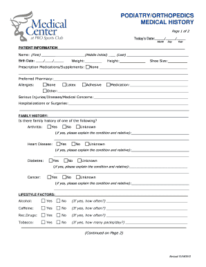 Podiatry Orthopedics Medical History Form