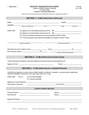 Kentucky Disabled Persons Special Parking Permit Application