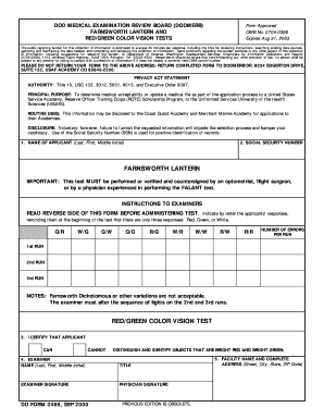 DODMERB Red/Green Color Vision Test Form
