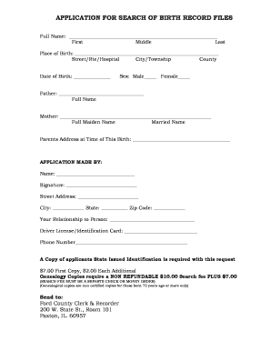 Application for Search of Birth Record Files