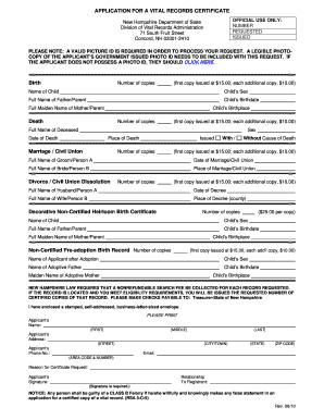 New Hampshire Vital Records Certificate Application