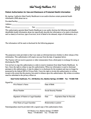 Patient Authorization for Use and Disclosure of Protected Health Information