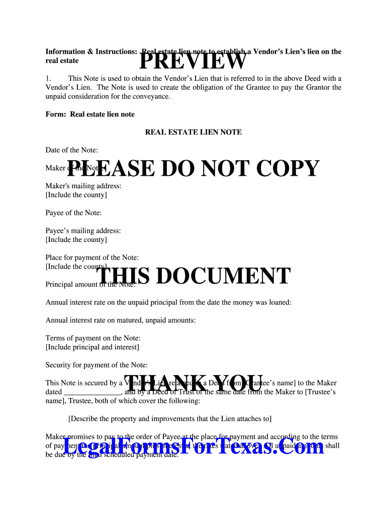 Fillable Online Information Instructions Real estate lien note to Fax