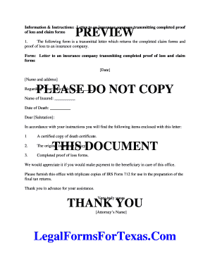 Letter to Insurance Company Transmitting Proof of Loss and Claim Forms