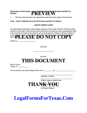 Assets Verification Form for Business Sale