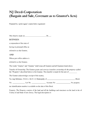 New Jersey Deed-Corporation (Bargain and Sale, Covenant as to Grantor’s Acts)