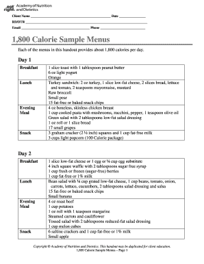 1800 Calorie Sample Menus
