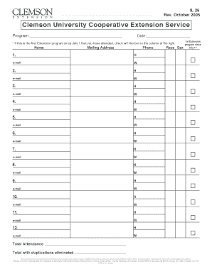 Clemson University Extension Program Attendance Form