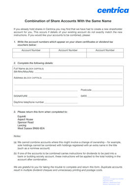 Centrica Share Account Combination Form