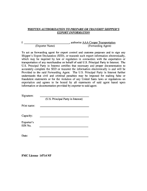 Authorization to Prepare or Transmit Shipper's Export Information