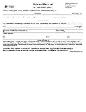 Washington Notice of Removal for Funeral Directors