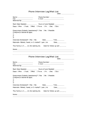 Childcare Phone Interview Log Form