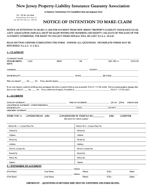 New Jersey Property-Liability Insurance Claim Form