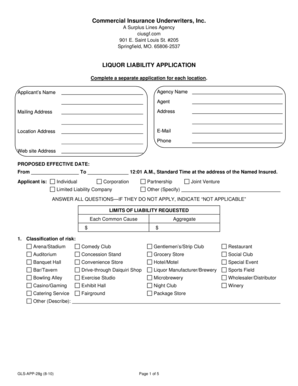 Liquor Liability Insurance Application