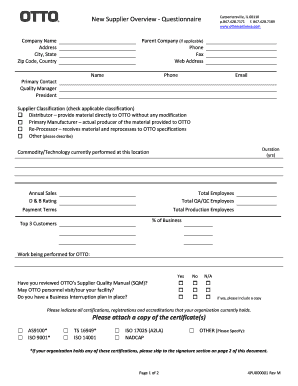 New Supplier Overview Questionnaire
