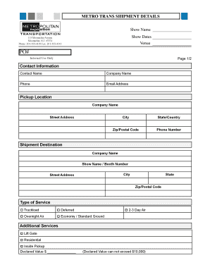 Metro Trans Shipment Details Request Quote Form
