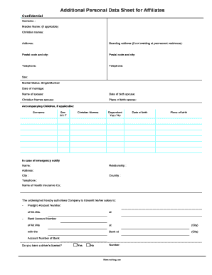 Additional Personal Data Sheet for Affiliates