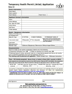 Temporary Health Permit Artist Application