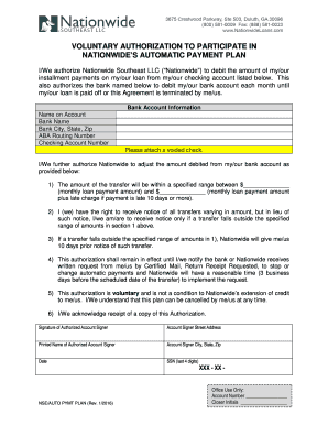 Nationwide Automatic Payment Plan Authorization