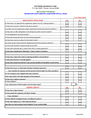 Restaurant Insurance Supplemental Questionnaire